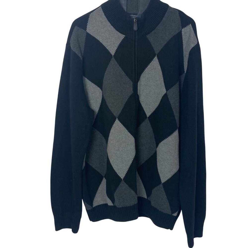 Van Heusen Cotton Argyle Zip Cardigan Sweater XL Mens Black Gray Grandpa Preppy